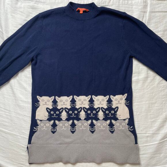 ModCloth Cats on Cats Mock Neck Knit Sweater Sz Small Women's Cotton Cozy - Picture 2 of 6